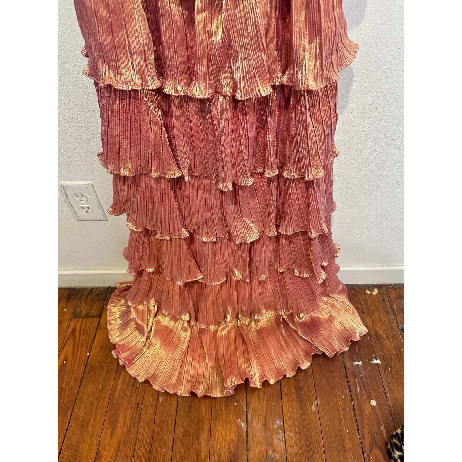 MAC DUGGAL Coral Pink Gold Ruffle Tiered Criss Cross Lace Up Back Gown Dress 2 - Image 8