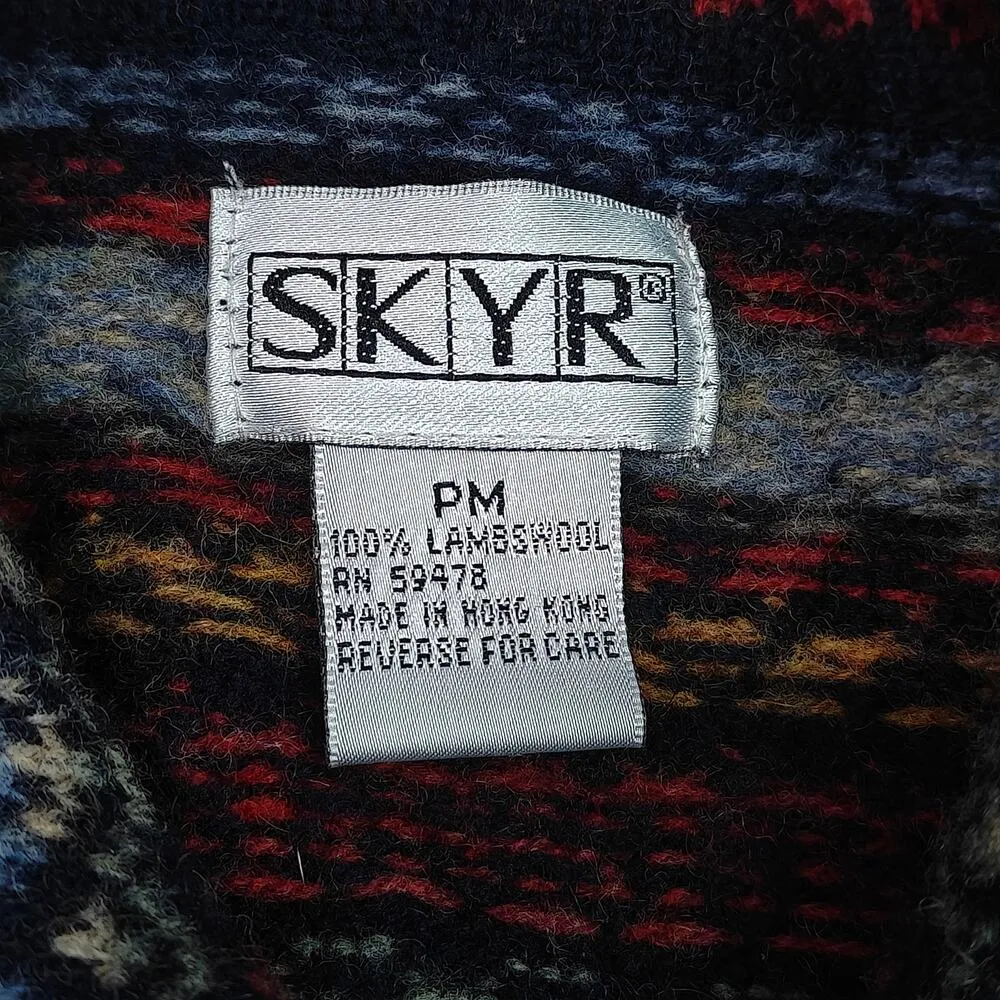 Vintage Skyr Fair Isle Button Front Cardigan Sweater Lambswool Stripe Collar PM Blue Size undefined - Image 3