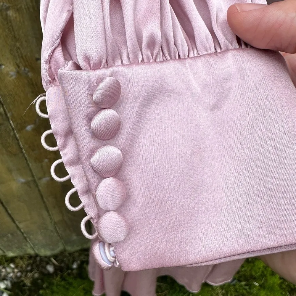 NWT Ieena for Mac Duggal Satin Surplice Bishop Sleeve Ruched A-Line Gown Sz 4 - Image 8