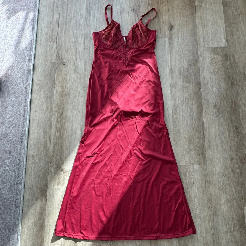 Popilush Shapewear Lace V Neck Side Slit Slimming Maxi Slip Dress sz XXL Red - Image 4