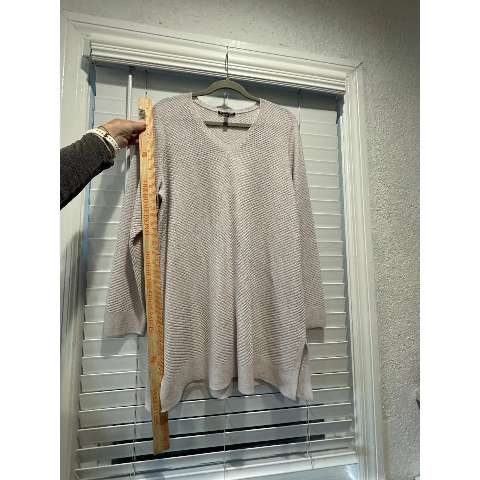 Eileen Fisher Wool Crepe Cream V-Neck Ballet‎ Tunic Blouse Sweater Size Large - Image 5