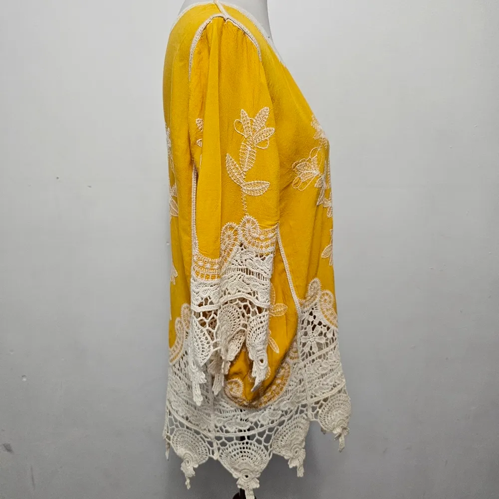 Cato Sunflower Yellow Embroidered Crochet Trim Tunic Size Large - Image 3