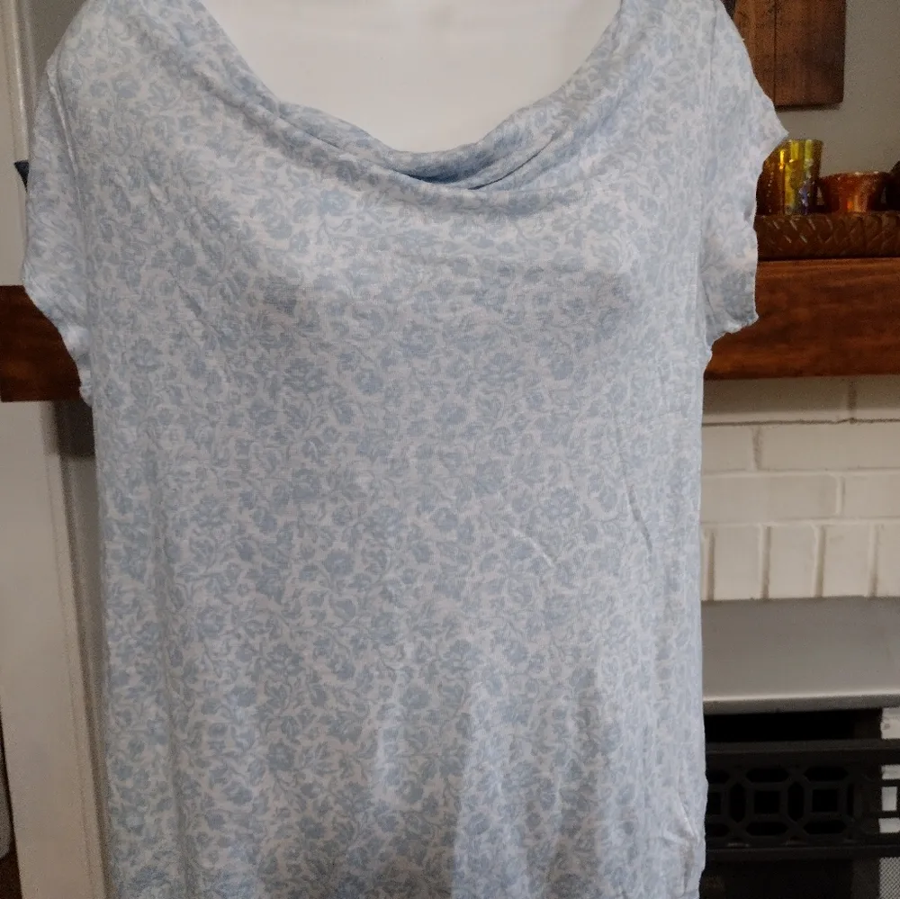 Joie 100% Soft Linen White Blue Ditsy Floral Cap Sleeve Drape Slub Knit Blouse - Image 2