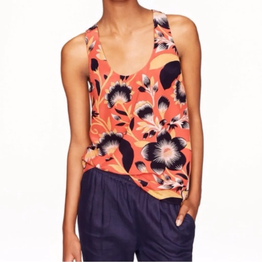 J. Crew Twist Racerback Hibiscus Floral Silk Tank Top Size 2 Coral Orange & Blue - Image 2