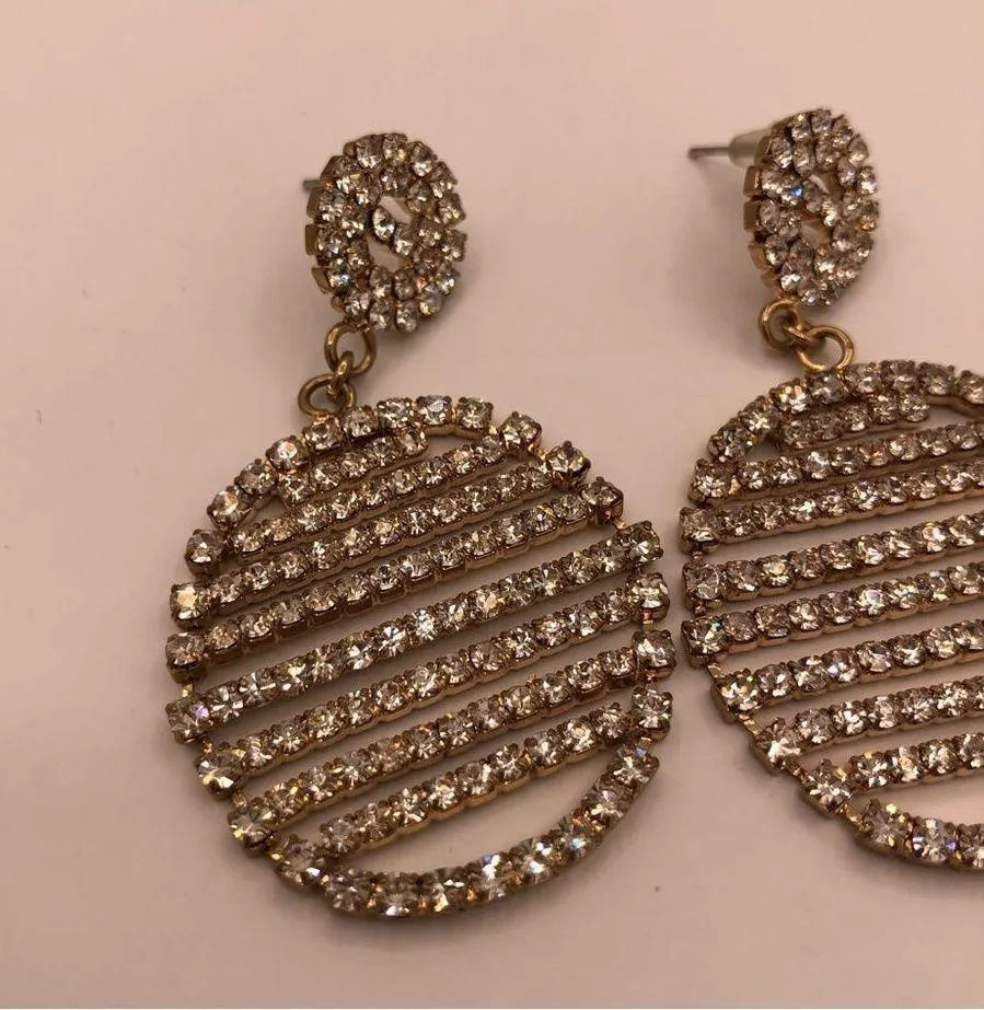 Vintage Statement Rhinestone Clear Crystal Circles Pierced Earrings Gold Tone - Image 4