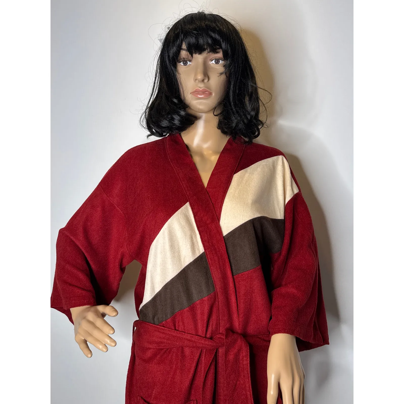 Vintage Red Colorblock Velour Kimono Robe Dress with Belt M -L - Image 5