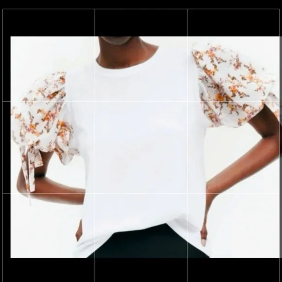 Zara White Tee Floral Balloon Sleeves - Image 2