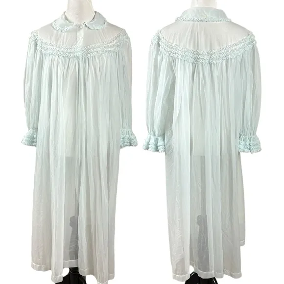 Vintage 60s Shadowline Maxi Peignoir Baby Blue Ruffles Medium Coquette Dainty - Image 1
