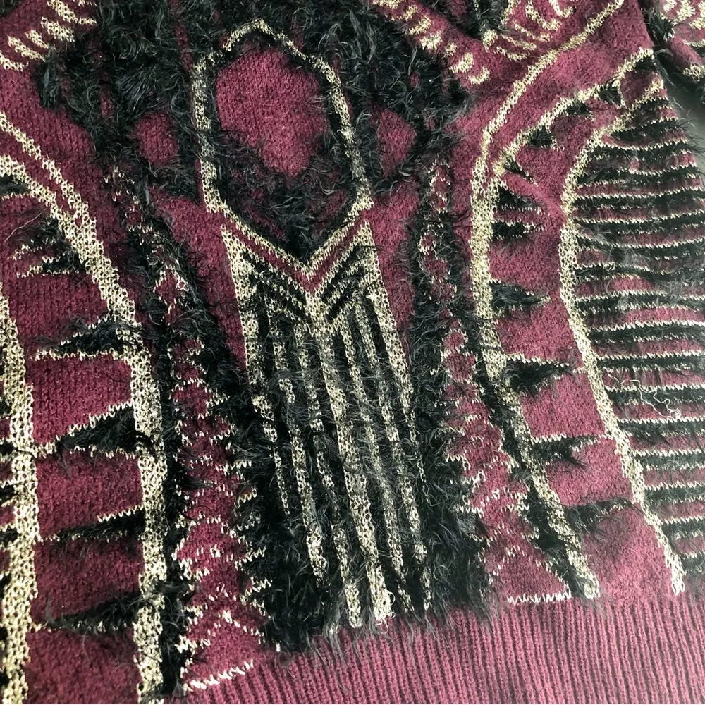 Furry Crewneck Sweater Metallic Purple Plum Gold Black Art Deco sz L - Image 7