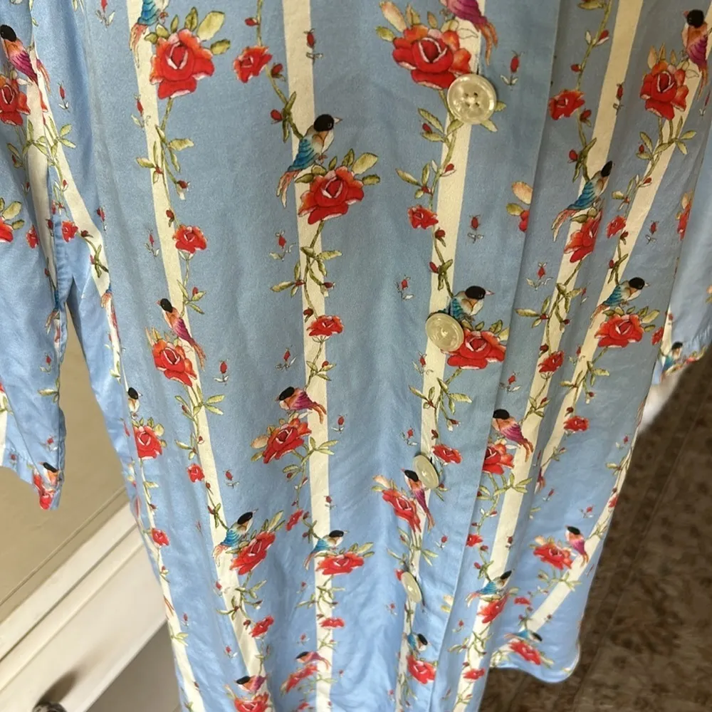 Novelty bird floral blue striped silk viscose button down night shirt M L​​​ - Image 3