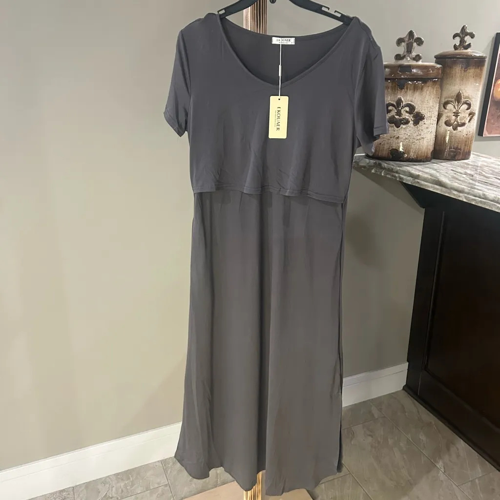 Ekouaer Womenโs Charcoal Maxi Dress Short Sleeve Size Small NWT - Image 2
