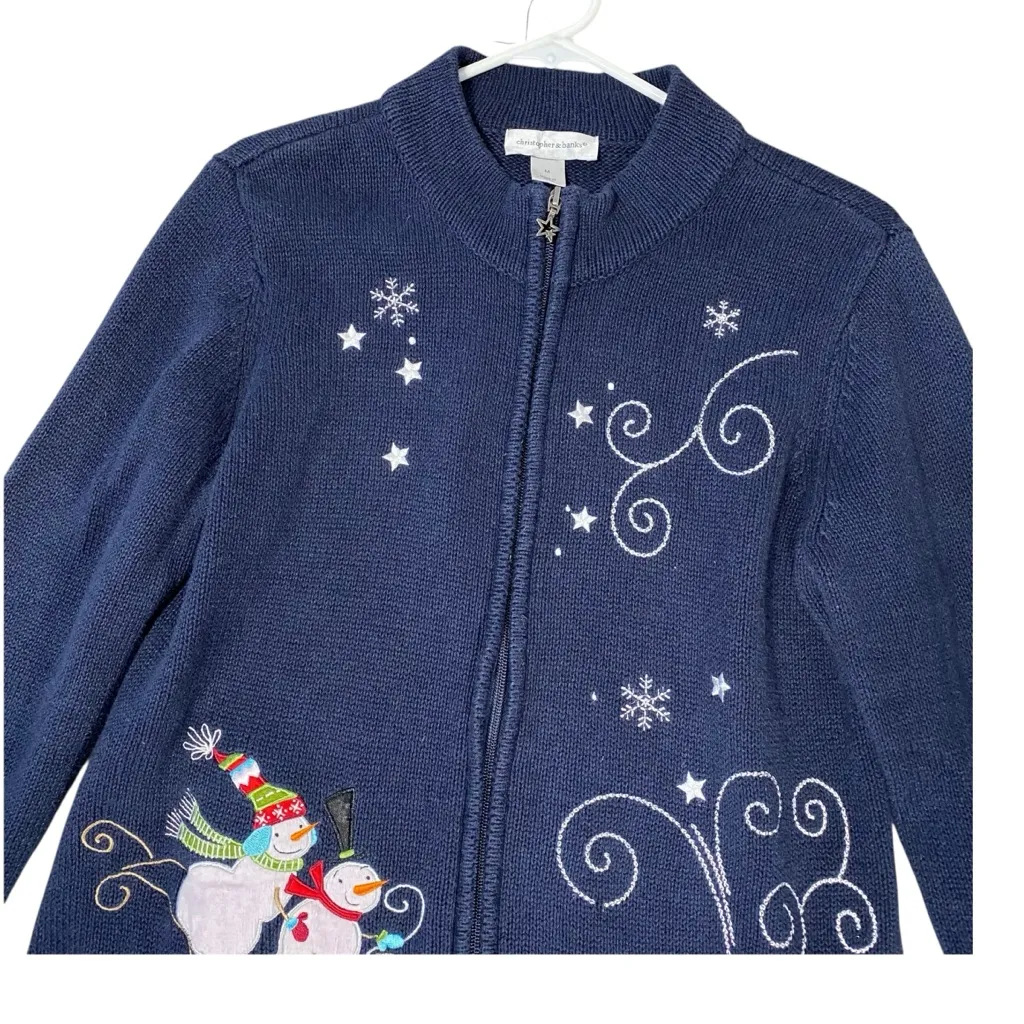 VINTAGE CHRISTOPHER & BANKS Embroidered Snowmen & Snowflakes Cardigan - Image 3