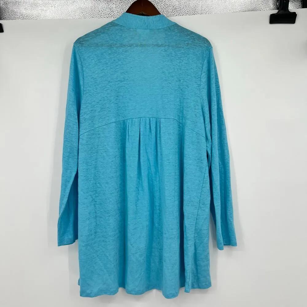 J Jill Love Linen Open Front Cardigan Blue Long Sleeve Pleated 100% Linen large - Image 3
