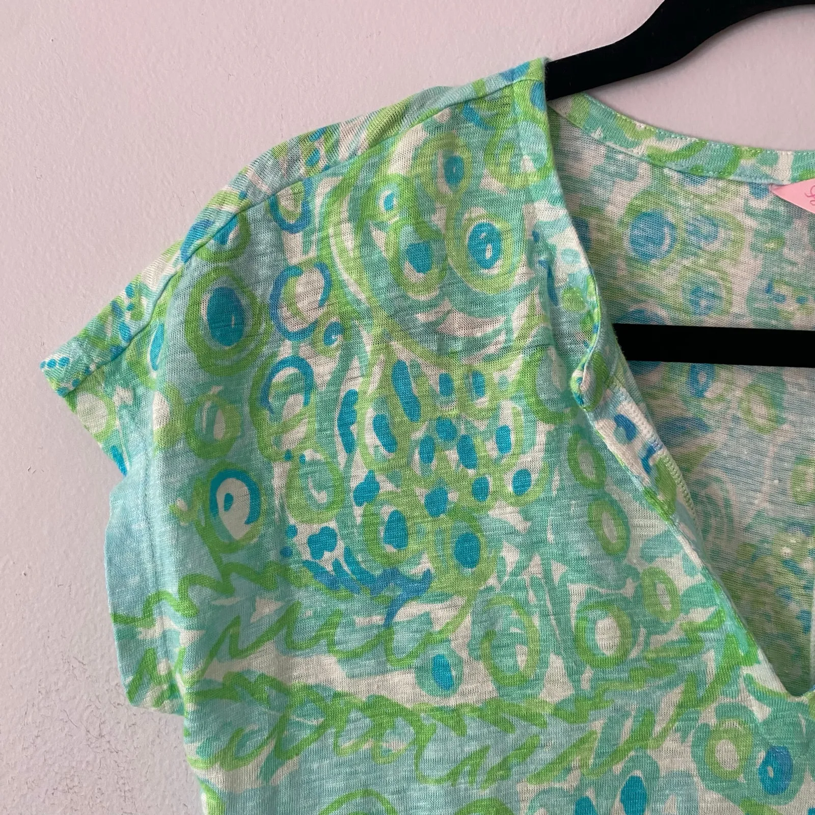 Lilly Pulitzer Duval Tee Green Blue Swirl Floral Short Sleeve Linen Women's XS - Image 3