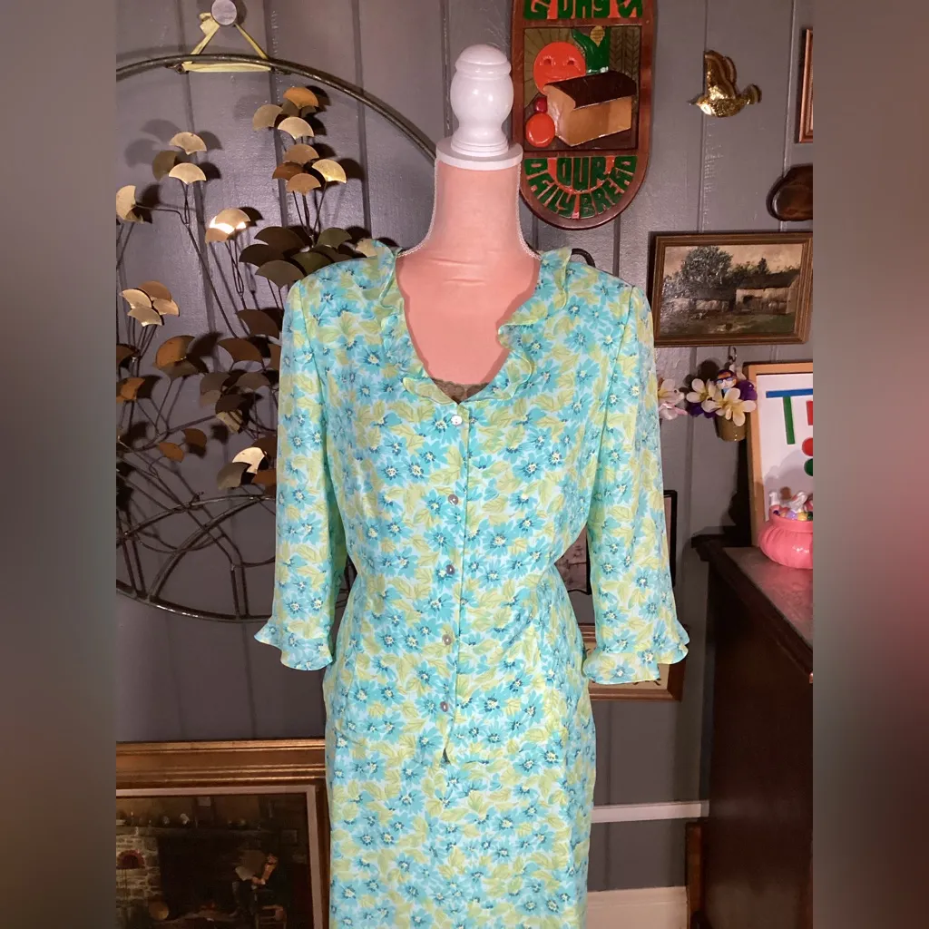 Vintage 2 Piece Lime/Teal Floral Cynthia Howie for Maggy Boutique Flutter 14 Green - Image 16