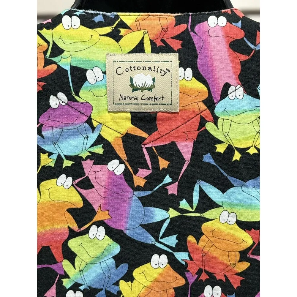 Cotonality Multi Colored Frogs Short Sleeve Snap Up Round Pockets‎ Size Small - Image 5