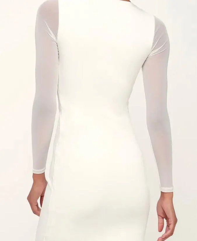 Mesh Sheer Sleeves Bodycon White Mini Dress - Image 2