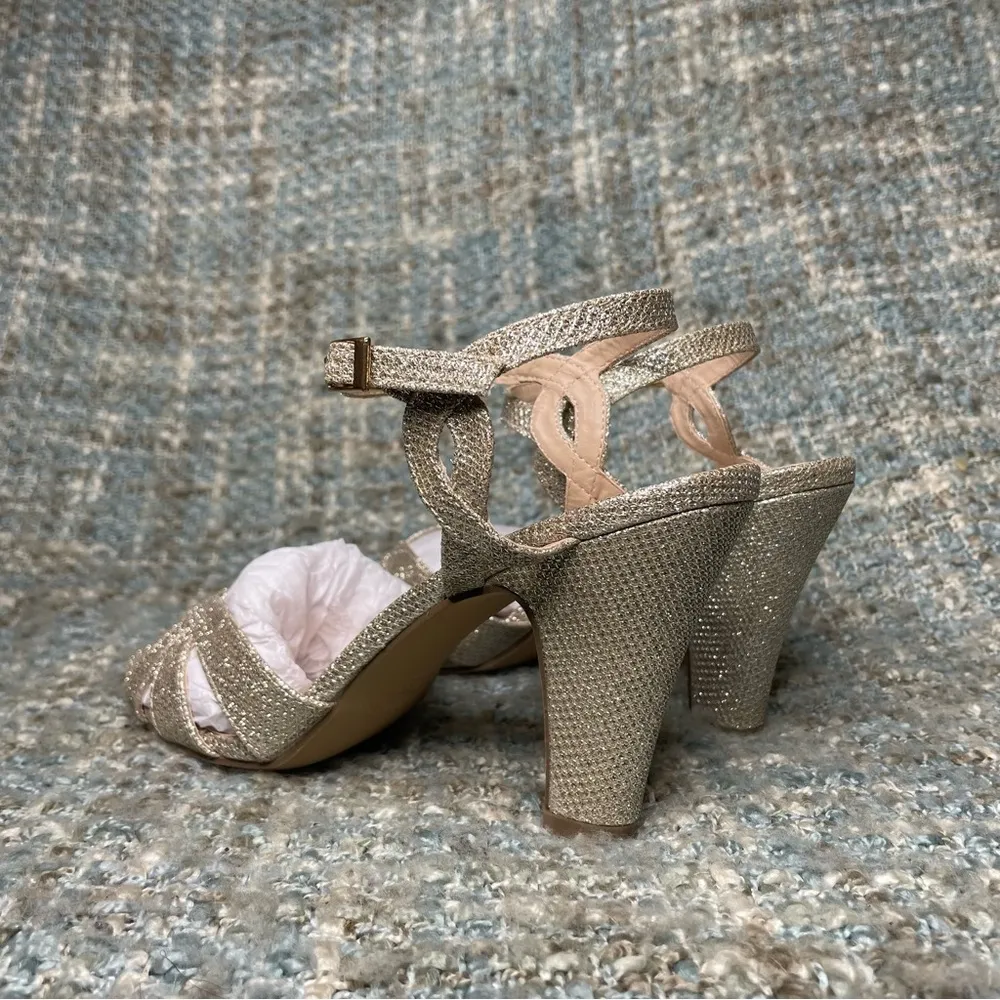 Paradox London Kitty Glitter High Heel Ankle Strap Sandal in Champagne - Image 4