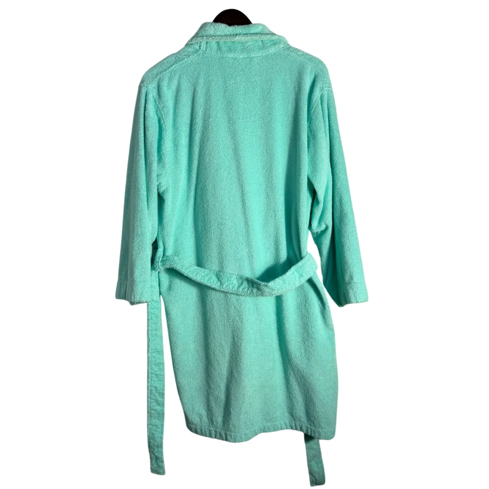 Melsimo Terry Cloth Bathrobe 100% Cotton Aqua / Seafoam Tie Waist Pockets Medium Green - Image 9