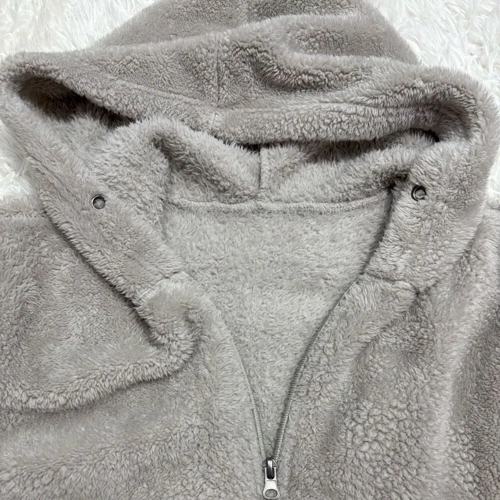 Color Block Fuzzy Quarter Zip Hoodie Sweatshirt Size Large Gray - Image 6