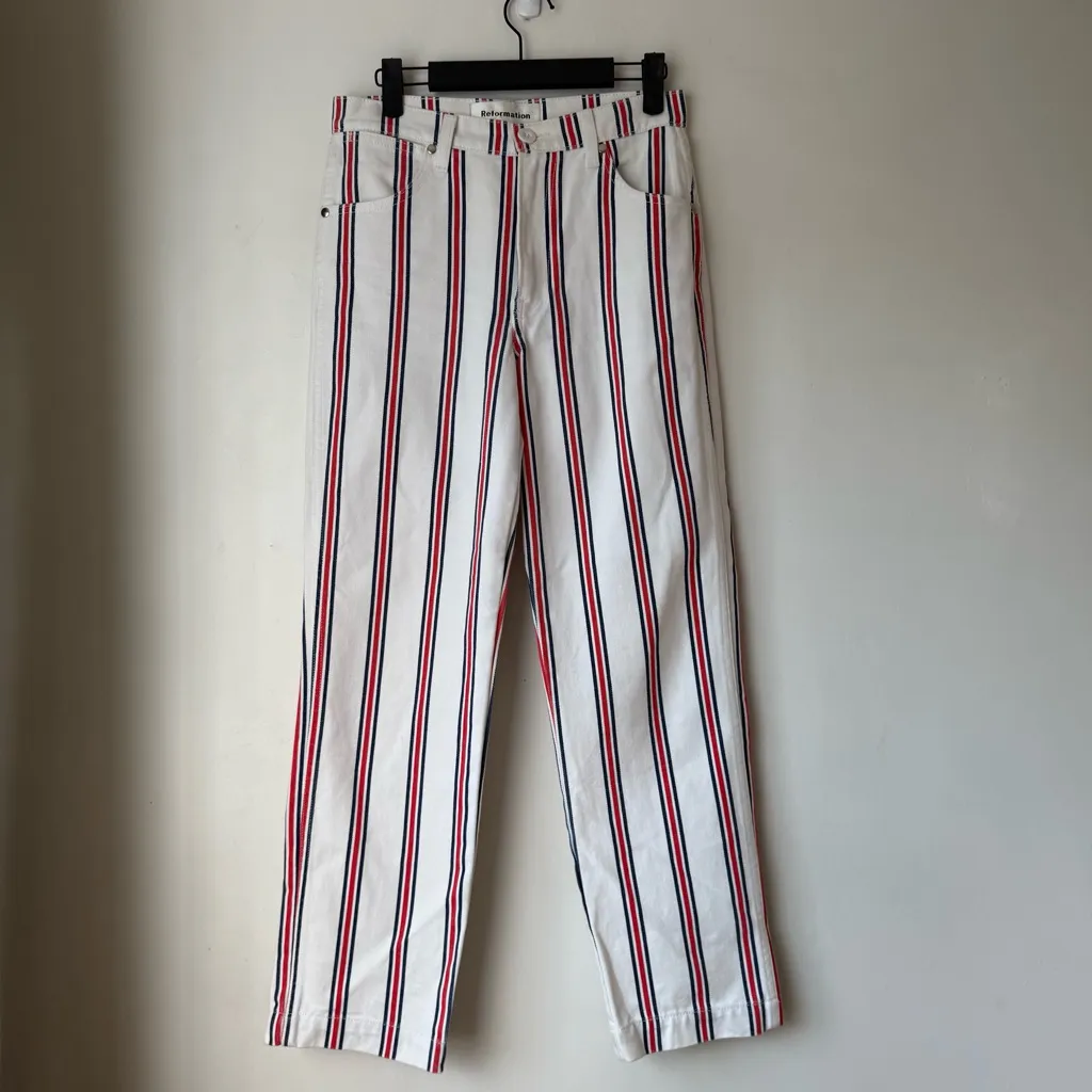 Reformation Roper Grenada White Red Blue Stripe Straight Crop Jeans 26" - Image 4