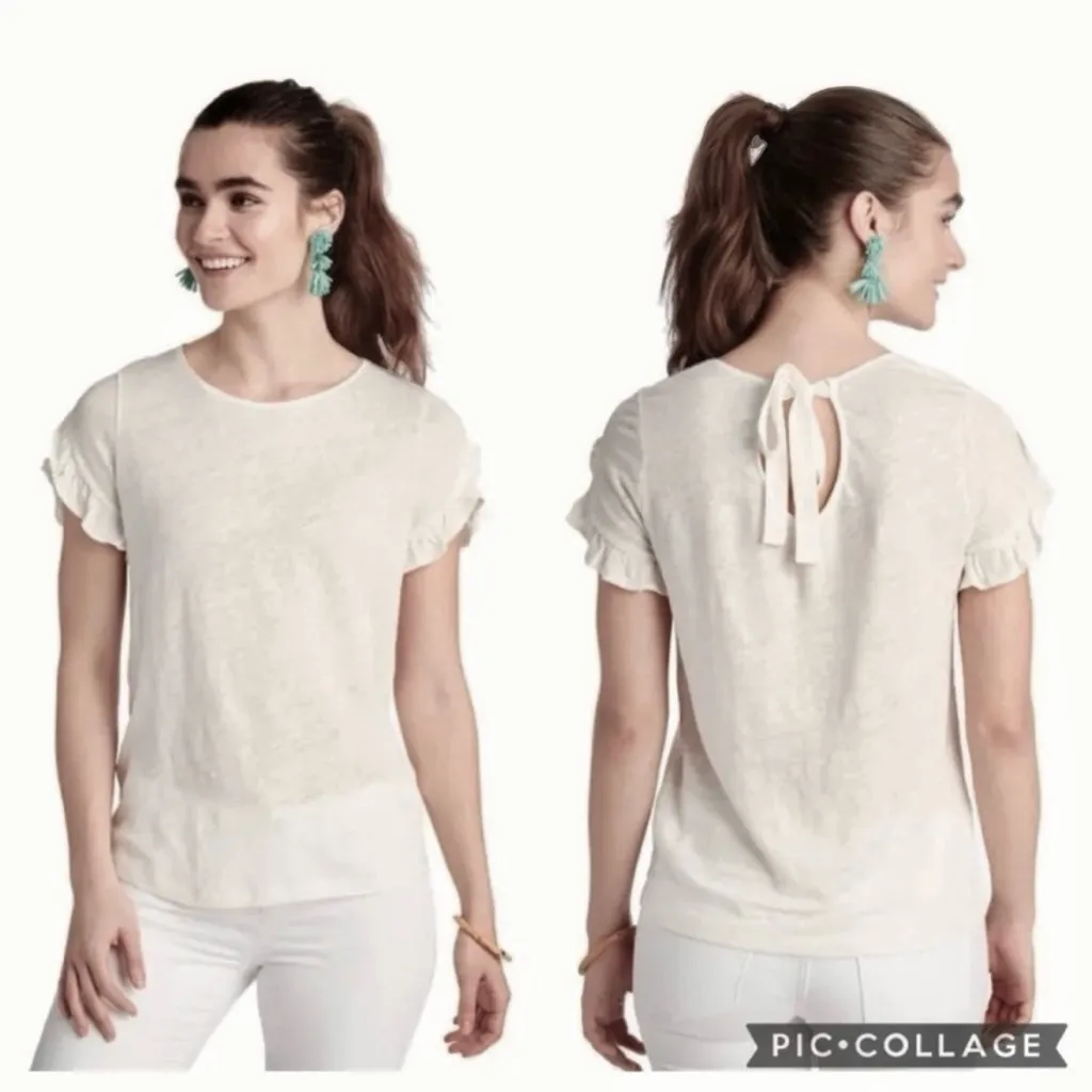 Vineyard Vines Tee Shirt Ruffle Short Sleeve Ivory Linen Tie Back Top XXS Casual - Image 3