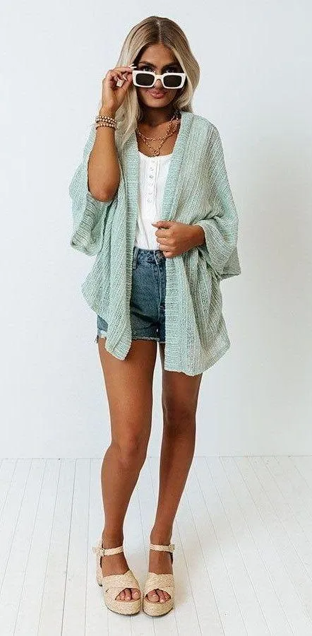 Eden In Love Coral Reef Cruise Woven Crochet Knit Sea Glass Cardigan One Size Green Size undefined - Image 1