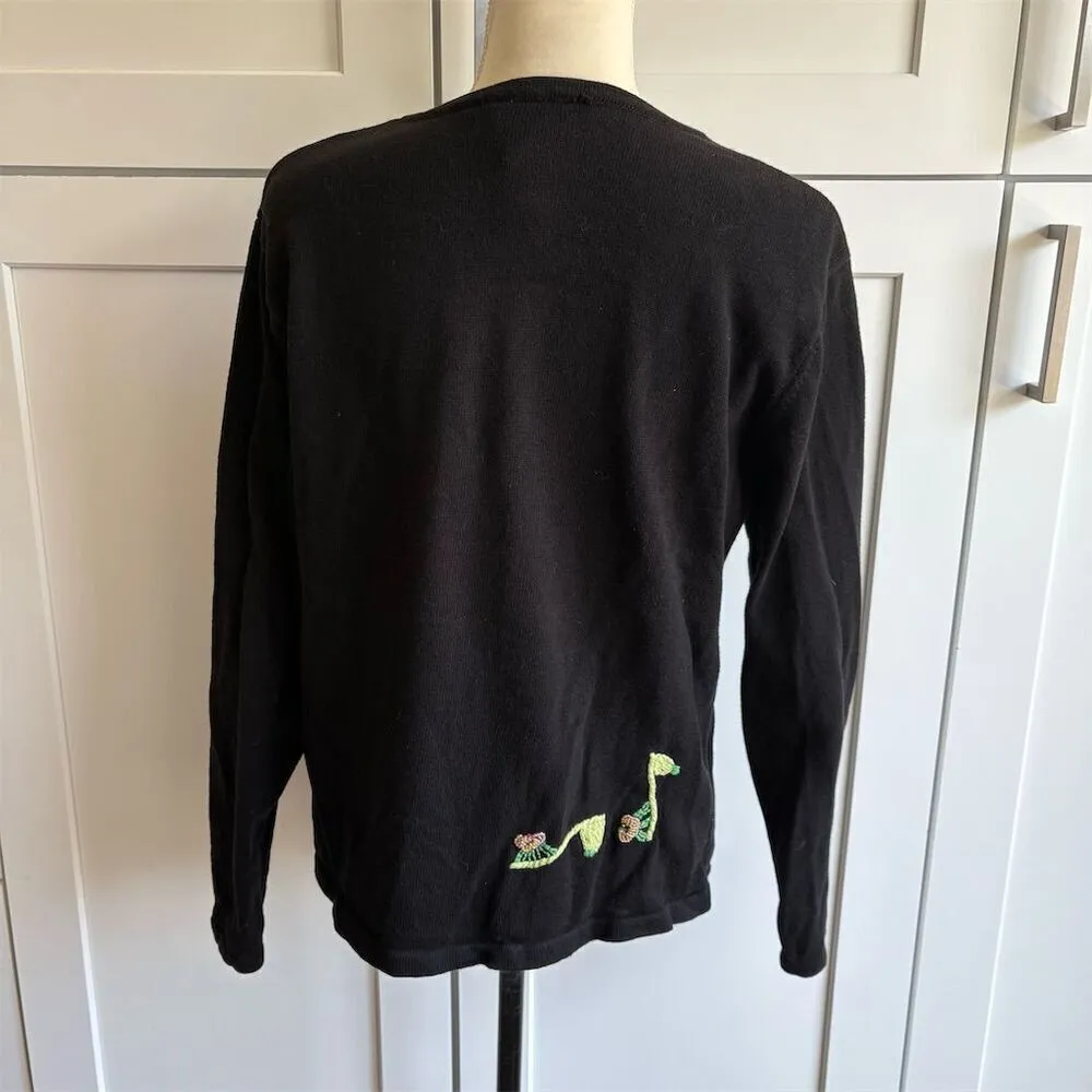 Vintage Talbots Women's Black Cardigan L Embroidered Shoes Patches - Image 2