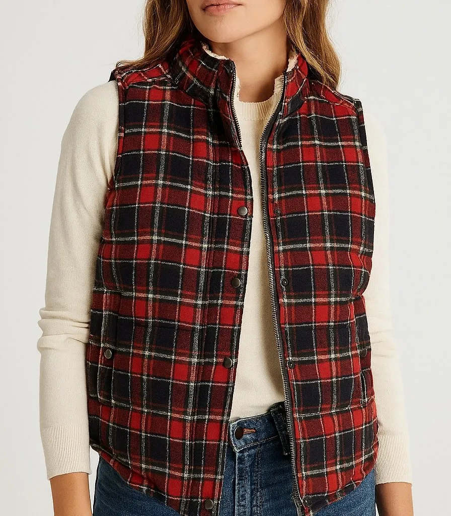 Skies Are Blue Plaid Fleece-Lined Puffer Vest Red Navy – Size Small – EUC - Image 1