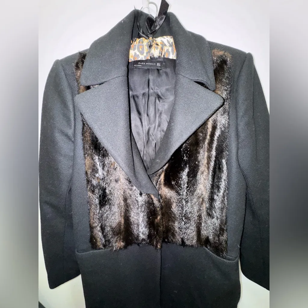 Zara Black Wool Faux Fur Contrasting Coat Medium - Image 9