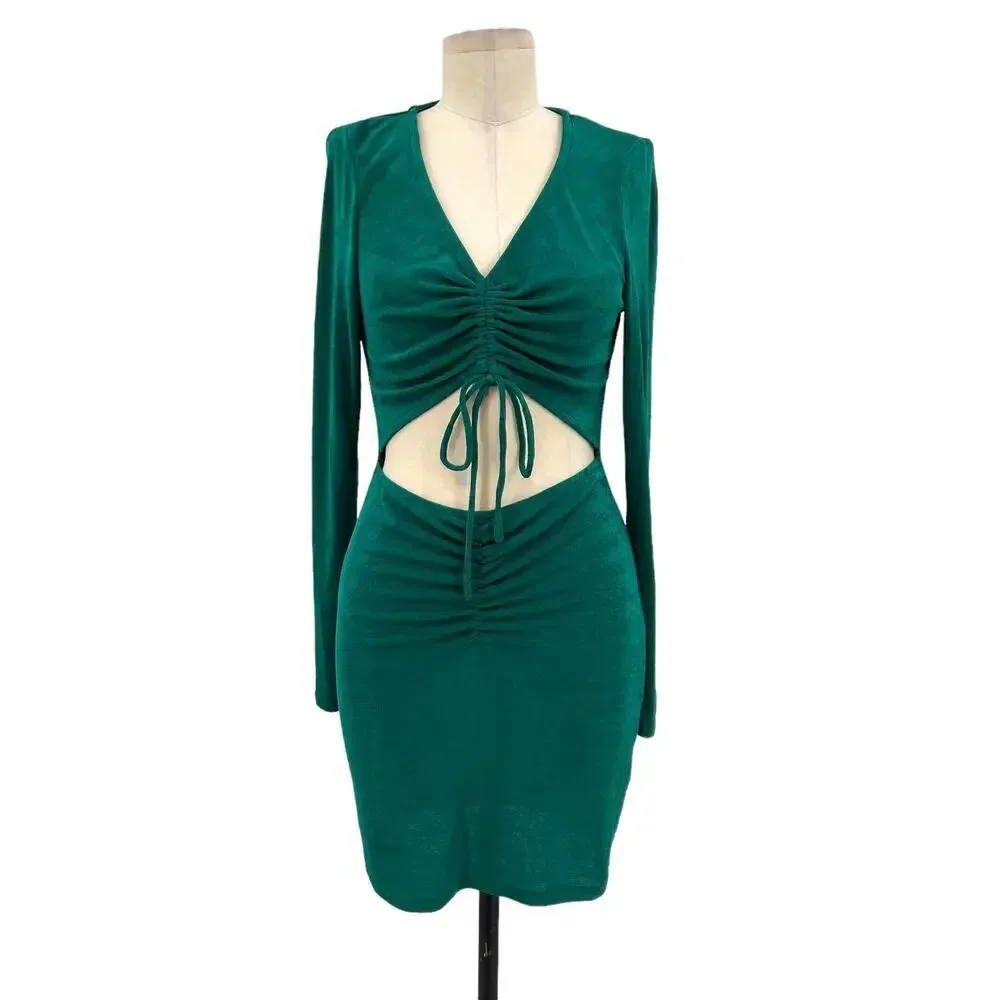 Princess Polly Kylie Mini Dress Forest Green Cut-Out‎ Ruched Bodycon Size US 8 - Image 3