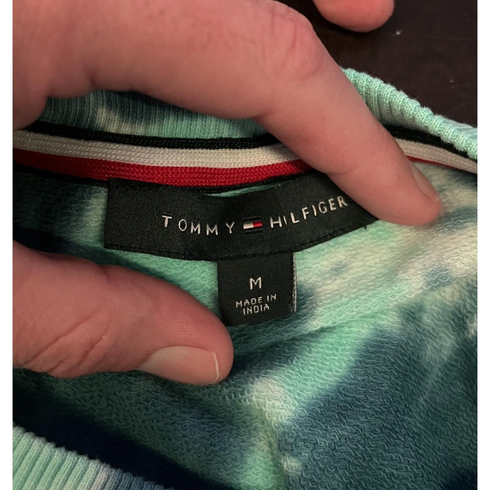 Tommy Hilfiger Sweatshirt Womens Medium Blue Green Tie Dye TOMMY Logo Crewneck - Image 7