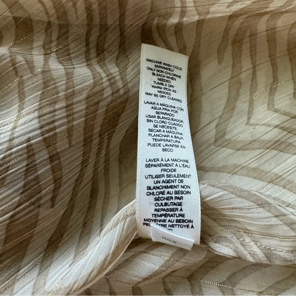 Chicos Animal Print Sheer Button Down Shirt 2 L Safari Mob Wife Beige Boho Zebra - Image 12