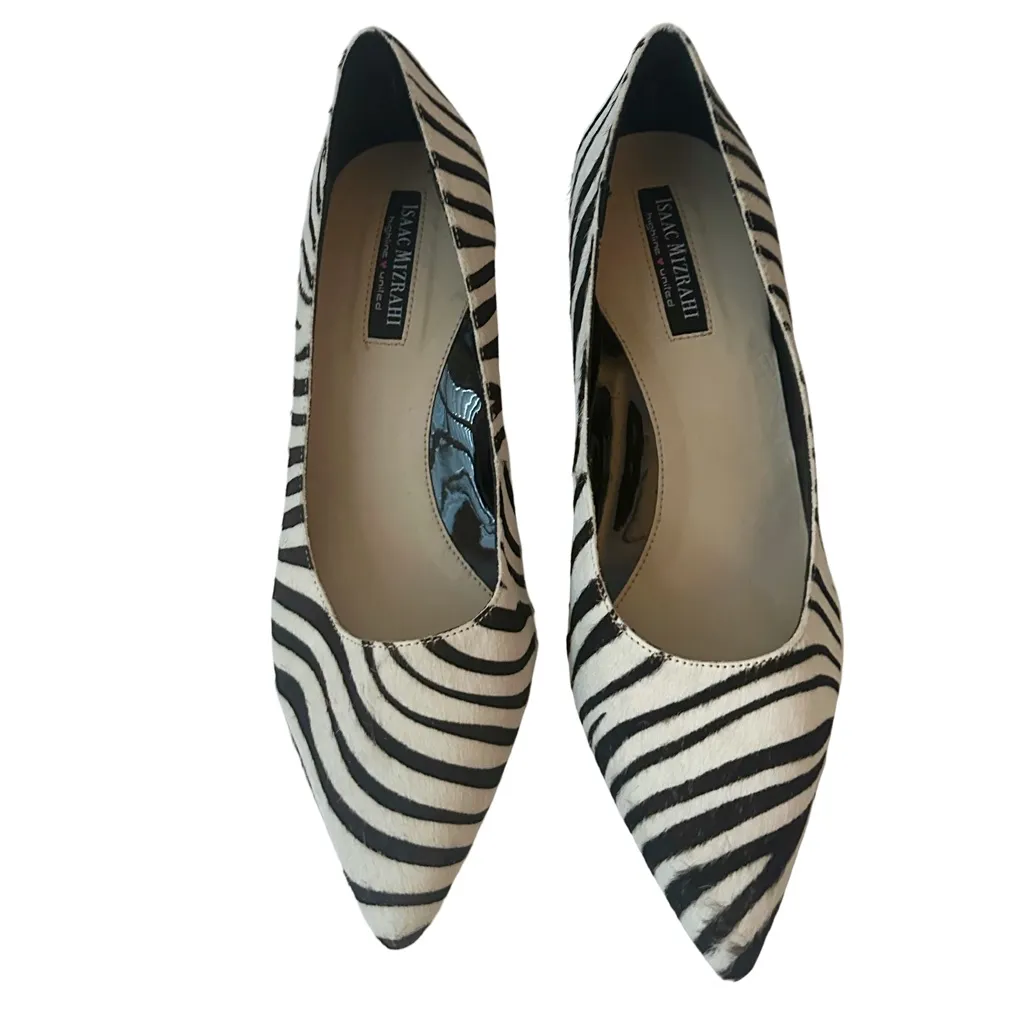 NWOB Issac Mizrahi "Trudy" Black & White Zebra Print Calf Fur Pointed Toe Heels - Image 5