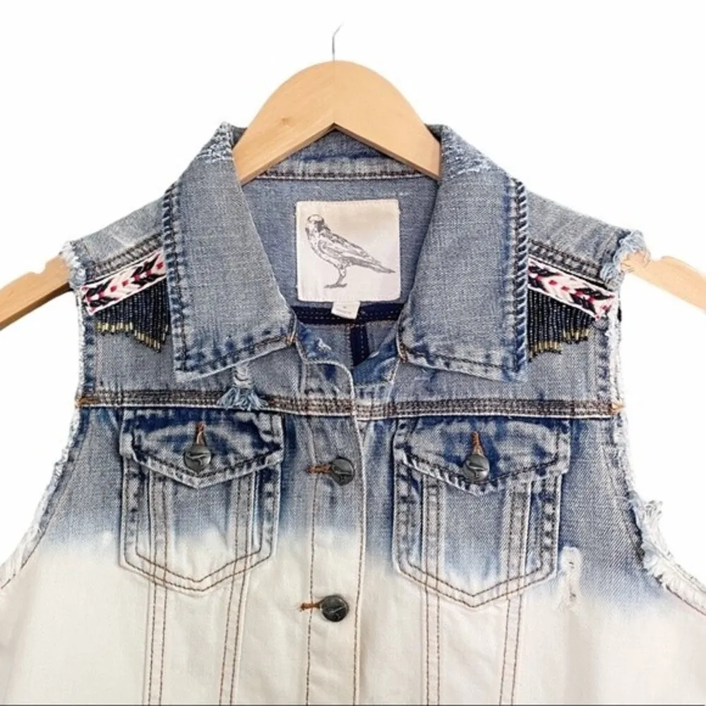 Z Supply Anthro Dip Dye Beaded Jean Vest Boho Women’s Size Medium Cotton Denim - Image 4