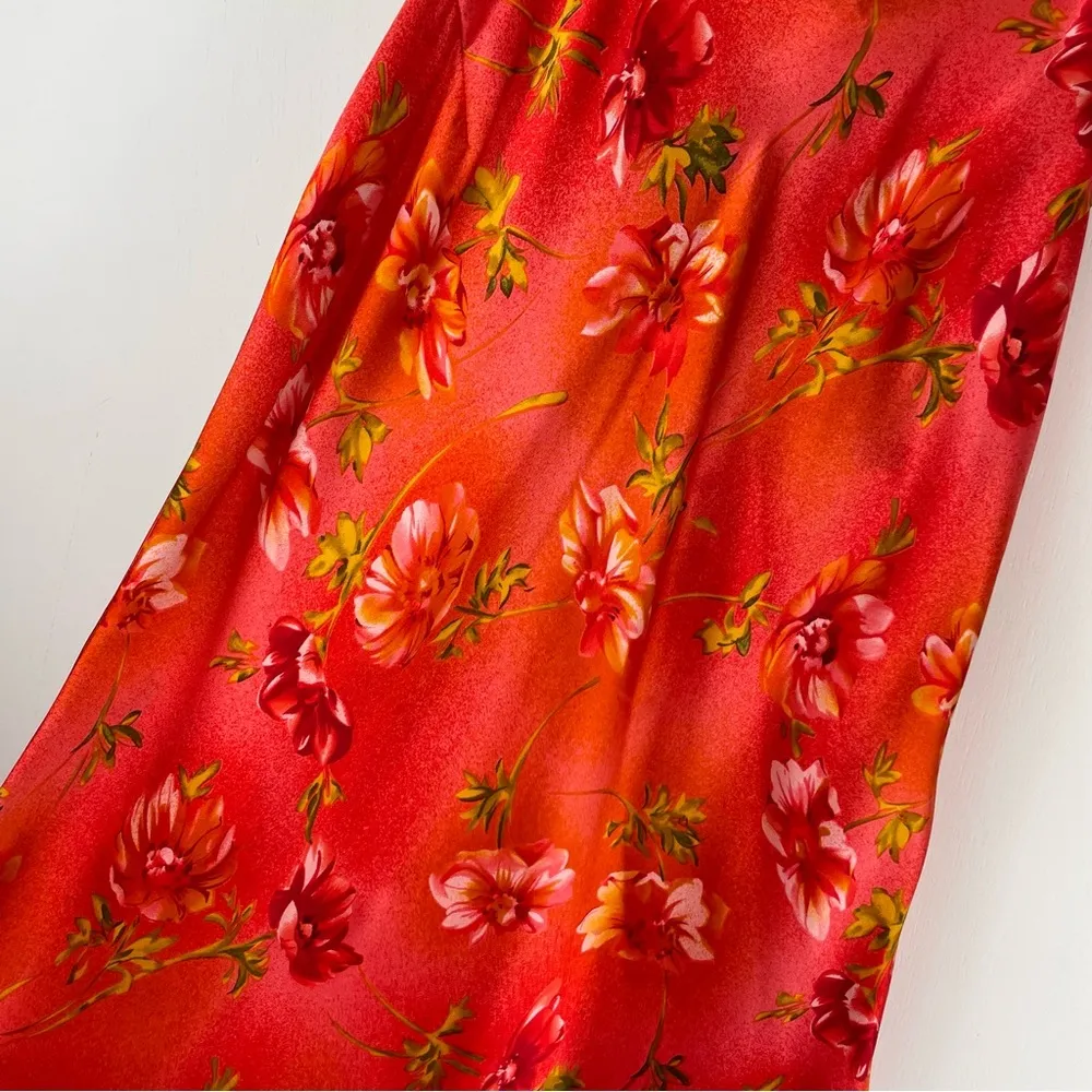 Vtg Y2K Silk Mini Dress Tropical Floral Hawaiian Sz Small Orange Red - Image 4