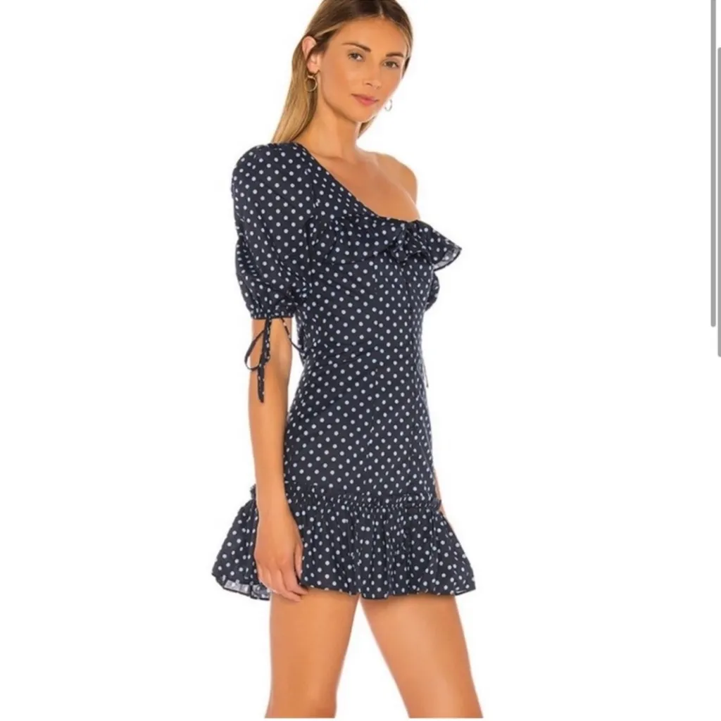 MAJORELLE Sonia Mini Dress in Blue Dot Ruffle Puff Sleeve Polka Dot Size Medium - Image 2
