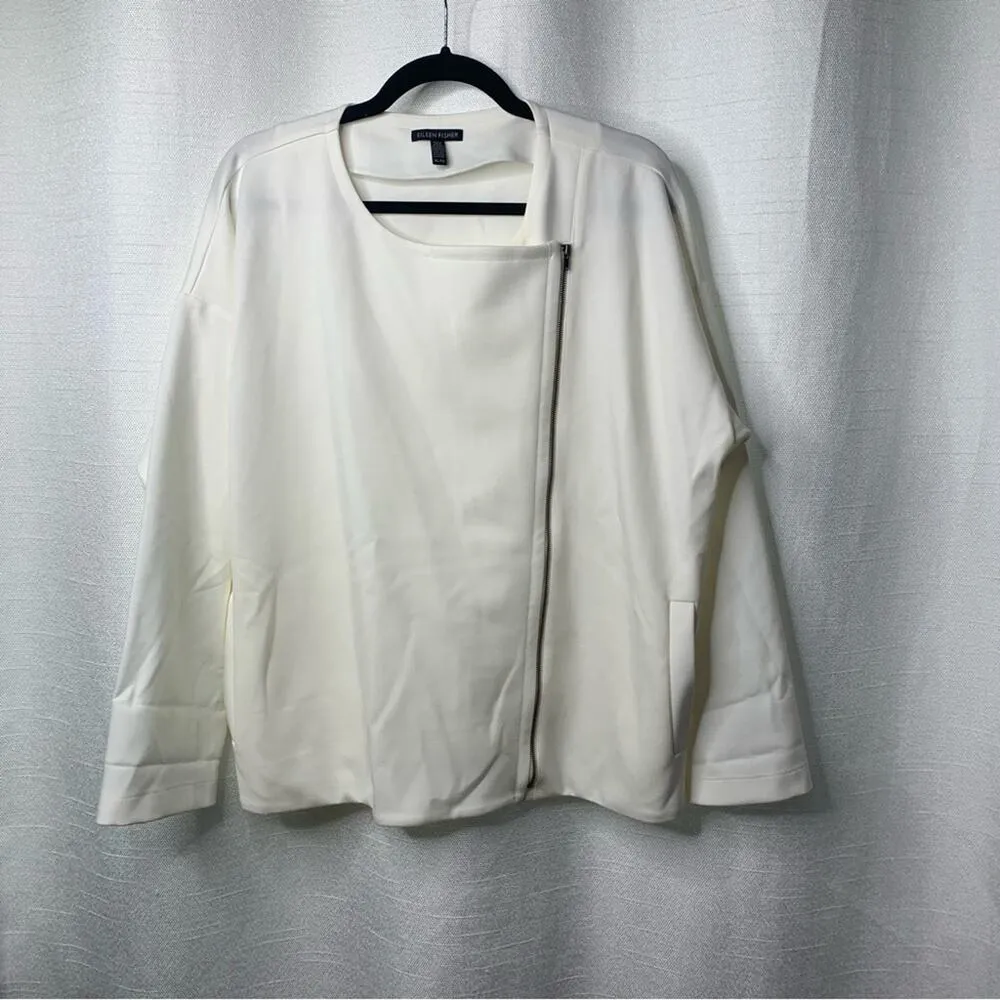 Eileen Fisher white flex tencel ponte‎ round neck zip moto jacket size XL - Image 2