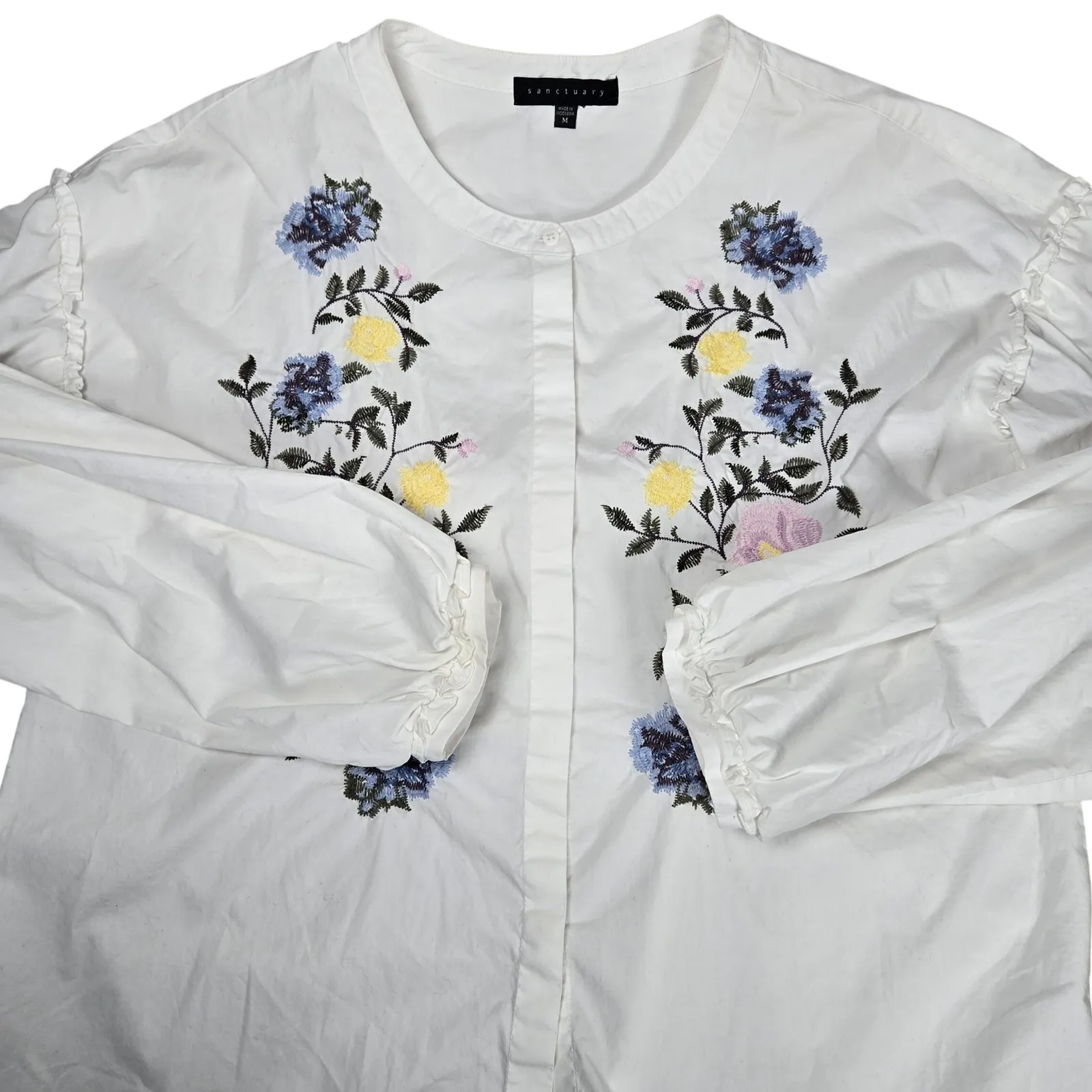 Sanctuary Danni White Embroidered Floral Button‎ Front Blouse Top Size M - Image 3