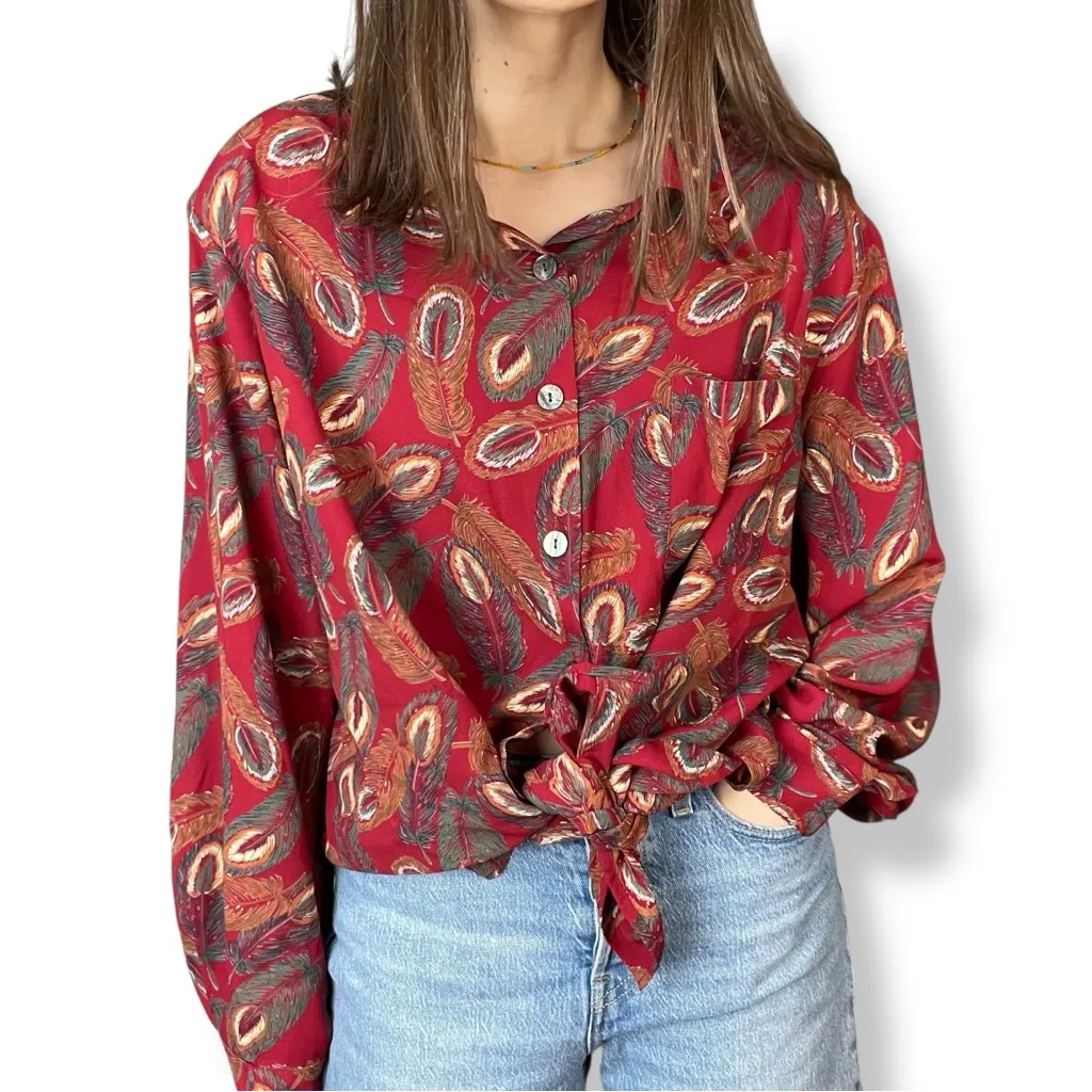 Vintage 90s Blouse Women Plus Size 22W Peacock‎ Feather Print Unique Maximalist Red - Image 2