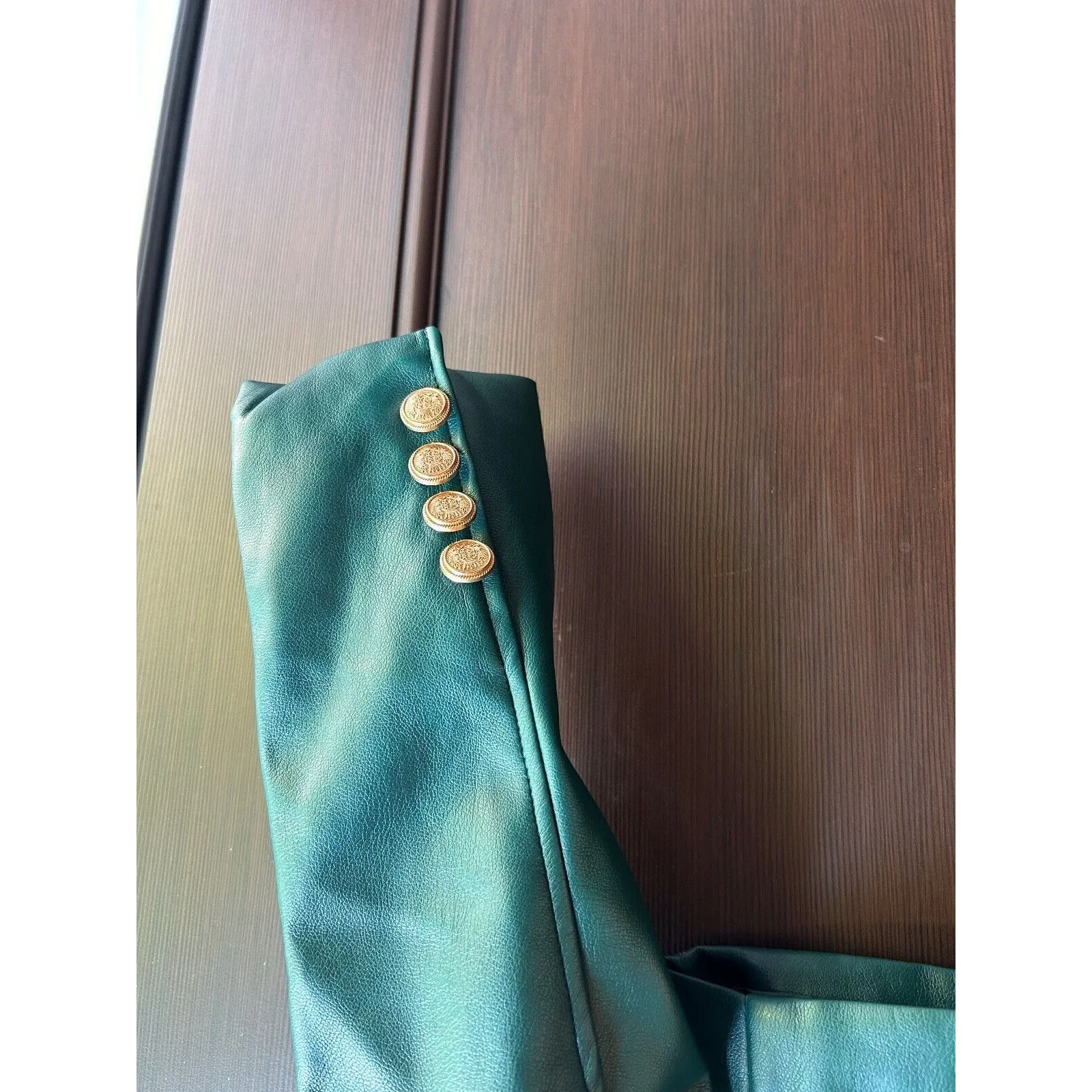 7 For All Mankind Womens Faux Leather Button Up Crop Jacket Green‎ Size Medium - Image 6