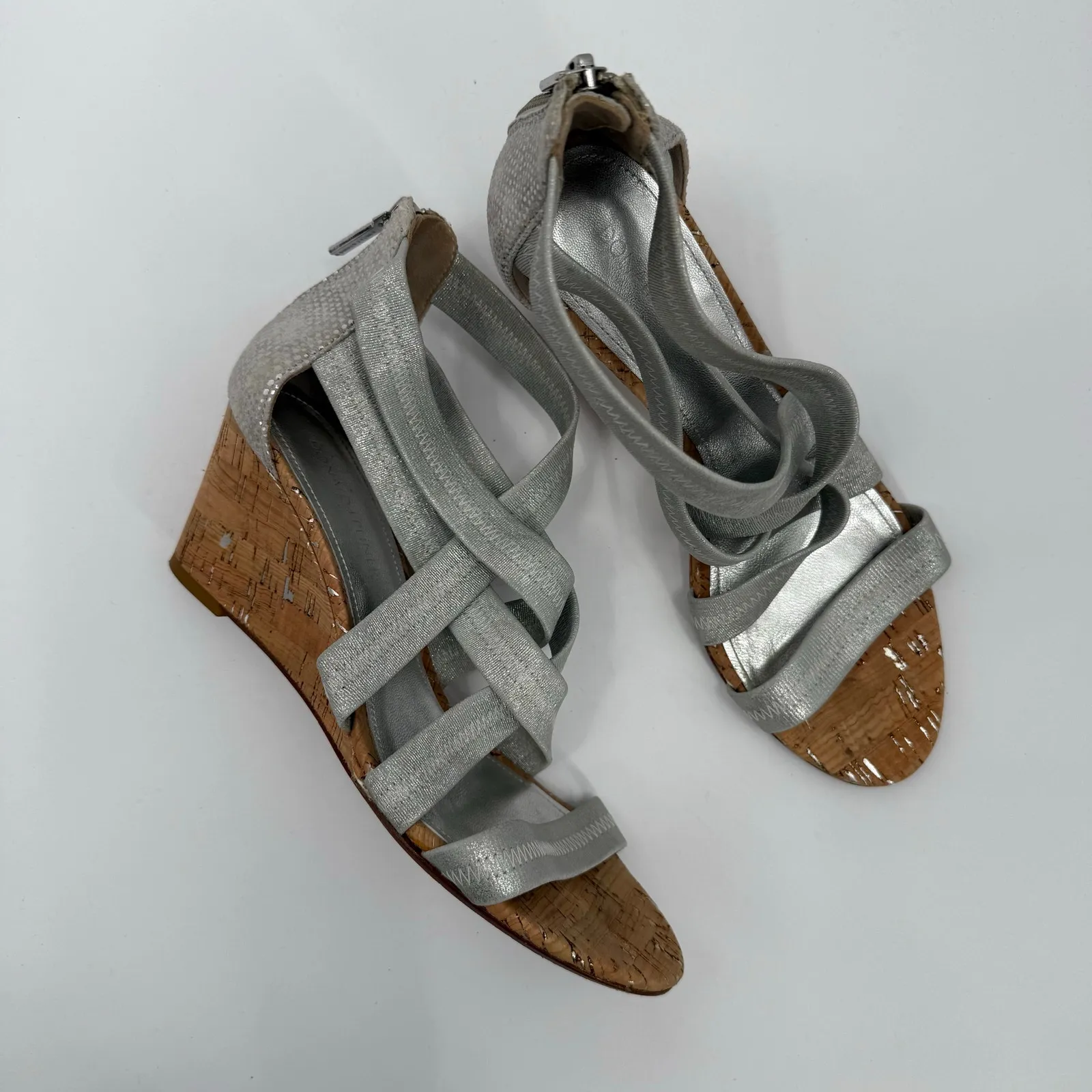 Donald J. Pliner Jemi SZ 8 Strappy Wedge Sandal Silver Metallic Cork Back Zipper - Image 16