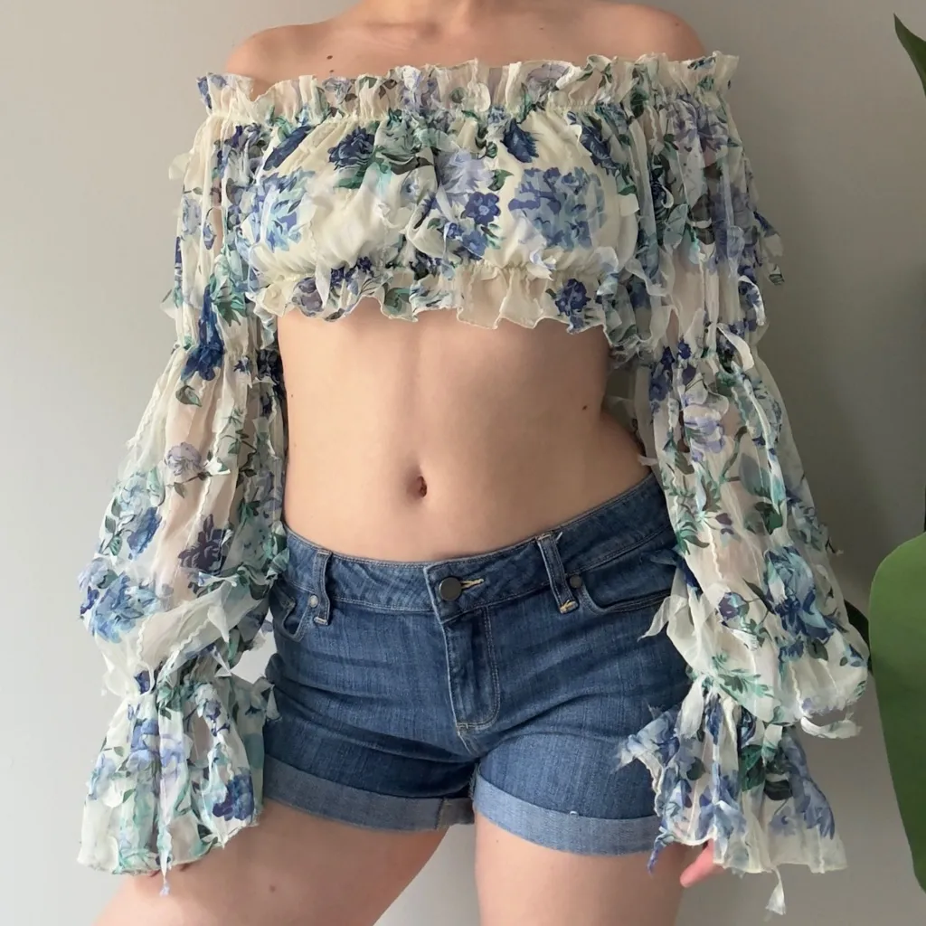Shein Floral Off-Shoulder Ruffle Top Long Sleeve Cropped Crop Frilly Spring EUC - Image 12