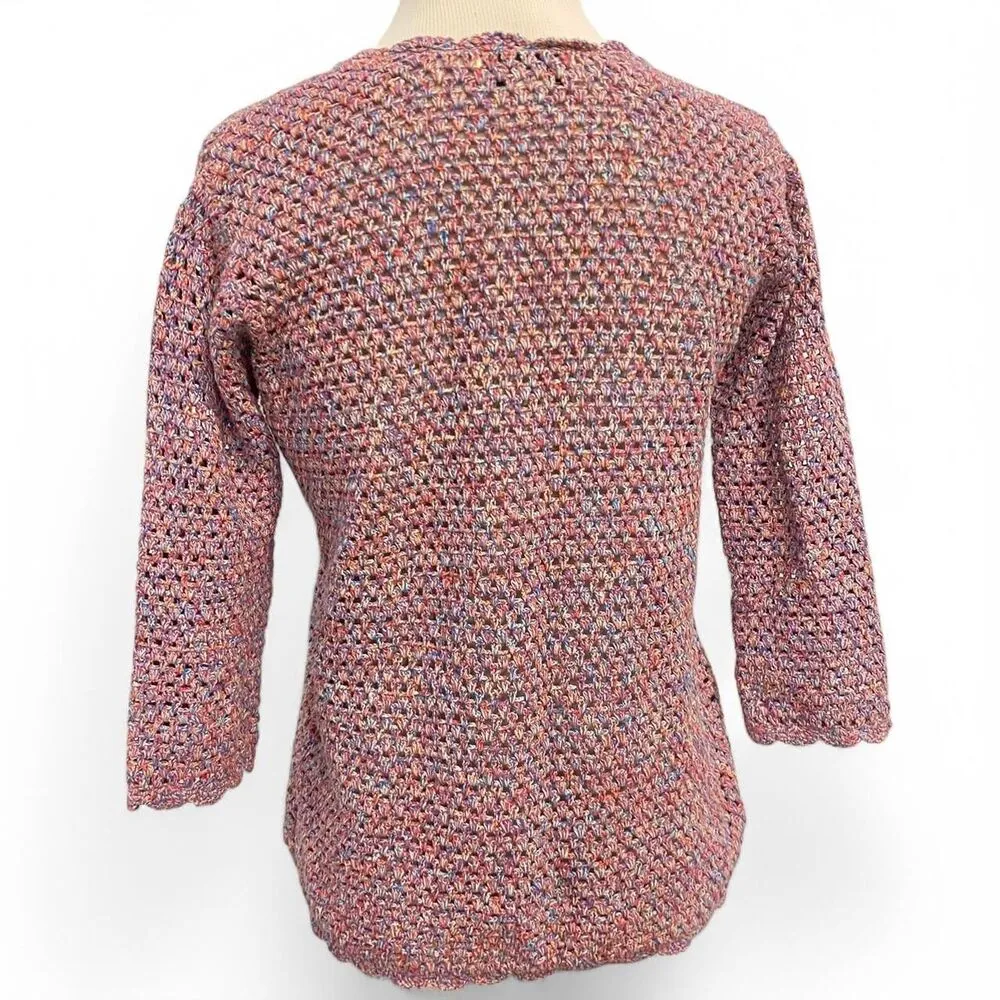 Boho Colorful Crochet Knit Open Front Cardigan Pink Size M - Image 3