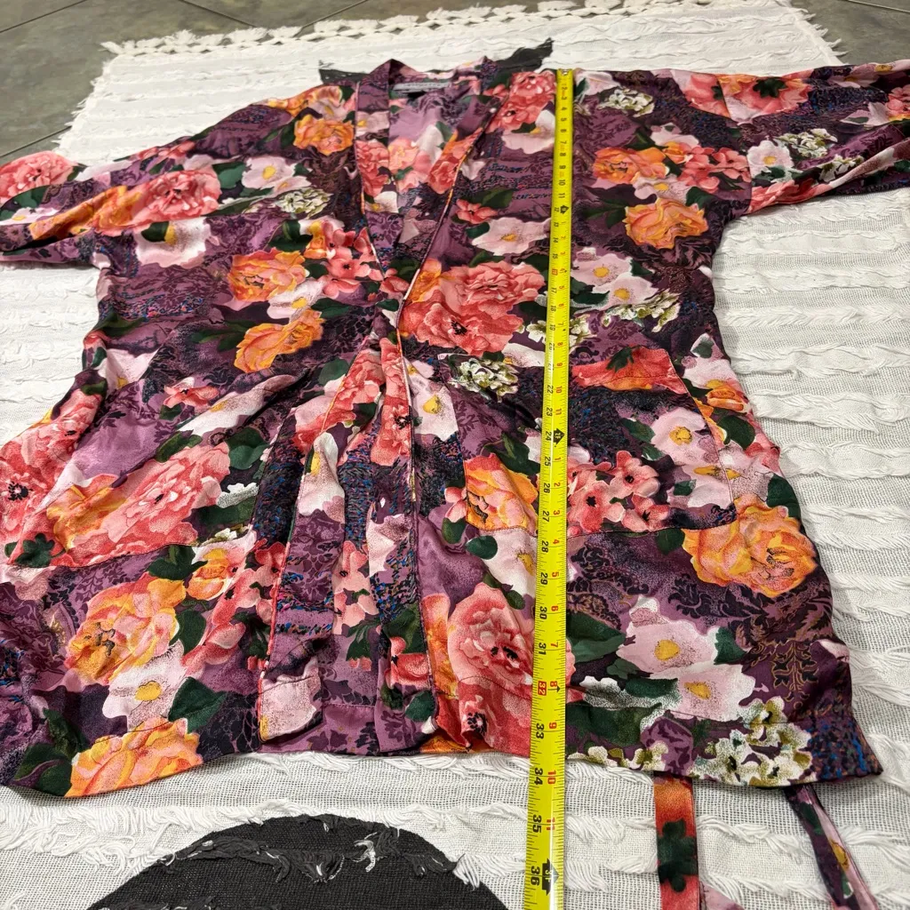 VTG Womens 100% Silk Floral Robe Sz L Brown Size L - Image 9
