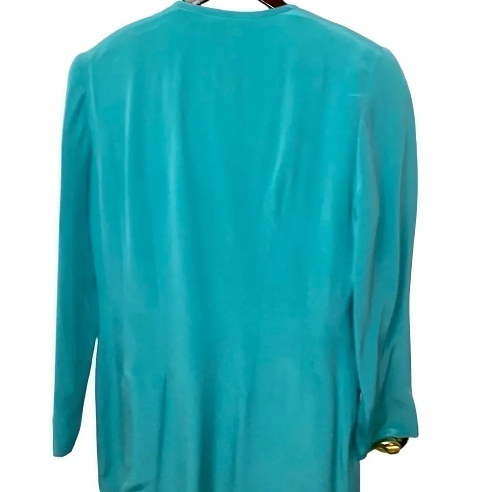 ISI turquoise blue 💯 silk pantsuit. Tunic jacket wide leg palazzo pant. Size 6. - Image 4