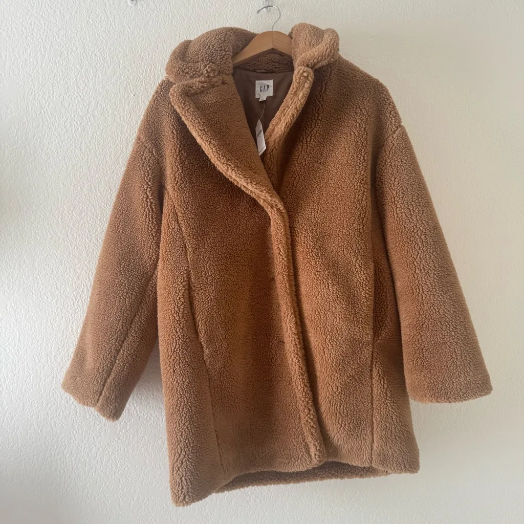 Gap Womens Fleece Oversized Teddy Coat Longline Winter Warm Button Up - Image 3