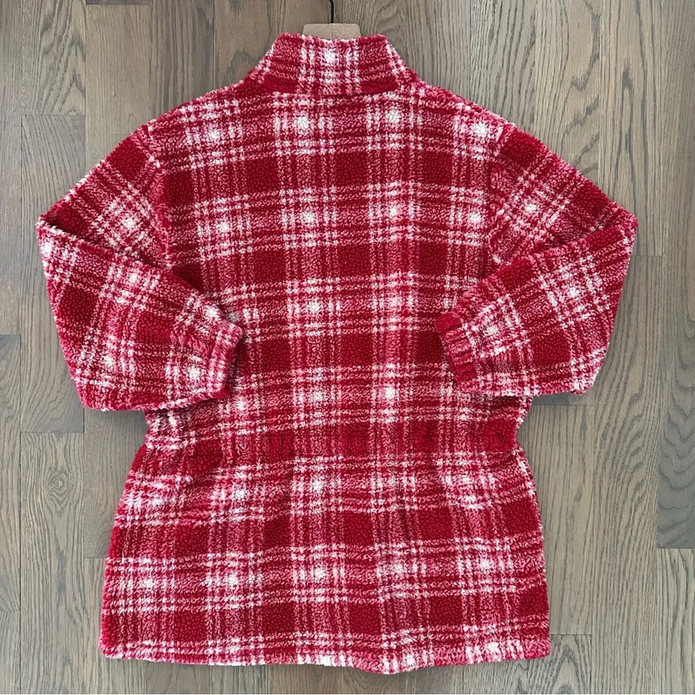 Anthropologie Vintage Collared Fleece Drawstring Waist Jacket Red White Plaid M - Image 7