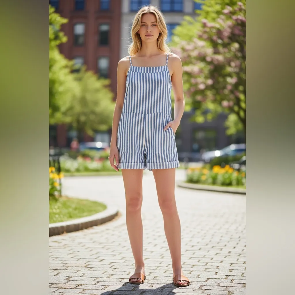 NWT Vitamin A Ophelia Linen & Organic Cotton Cover-Up Overalls COASTAL Stripe L - Image 2