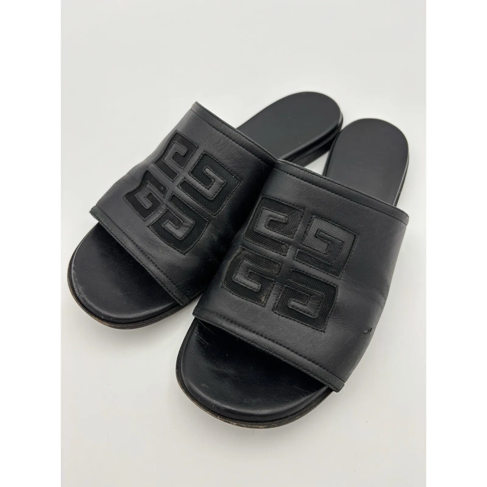 Authentic Givenchy Slides Flat Sandals Black Leather Mesh Logo Size 38.5 / 8.5 - Image 4
